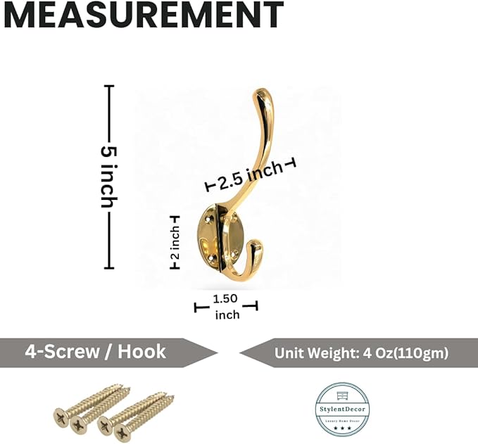 (Pack of 5) Soild Brass Wall Hooks for Hanging, Antique Brass Coat Hooks, Hooks for Living Room, Bathroom, Kitchen, Bedroom for Coat, Bag, Scarf, Towel, Hat, Key,