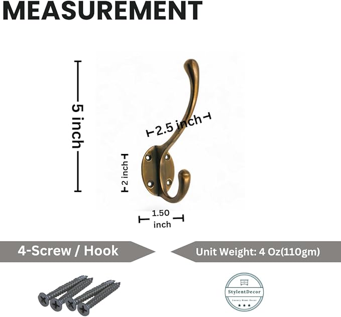 (Pack of 5) Soild Brass Wall Hooks for Hanging, Antique Brass Coat Hooks Wall Mounted, Hooks for Living Room, Bathroom, Kitchen, Bedroom for Coat, Bag, Scarf, Towel, Hat, Key