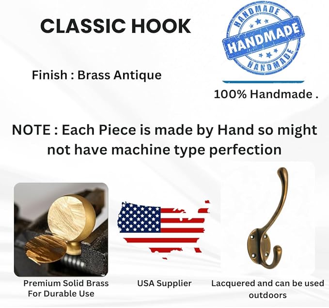 (Pack of 5) Soild Brass Wall Hooks for Hanging, Antique Brass Coat Hooks Wall Mounted, Hooks for Living Room, Bathroom, Kitchen, Bedroom for Coat, Bag, Scarf, Towel, Hat, Key