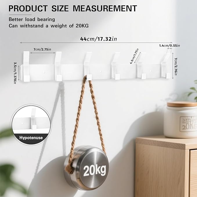 1 Pack Coat Rack Wall Mount,17.3 in Wall Hooks for Hanging, Coat Hanger Wall Mount Towel Rack Hat Rack for Wall with 6 Hooks for Entryway, Bedroom, Bathroom (White, 6 Hooks-1Pack)