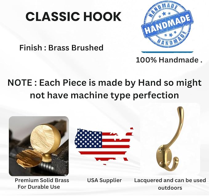 (Pack of 5) Soild Brass Wall Hooks for Hanging, Antique Brass Coat Hooks Wall Mounted, Hooks for Living Room, Bathroom, Kitchen, Bedroom for Coat, Bag, Scarf, Towel, Hat, Key