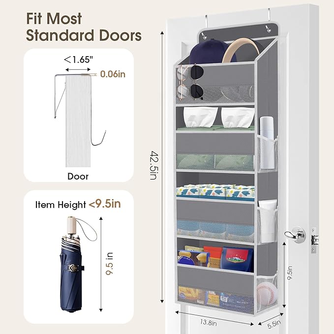 1 Pack Over The Door Organizer, Hanging Storage Organizer with Clear Window, 40lb Ultra Sturdy Large Capacity Room Organizer for Pantry Laundry Bathroom Nursery Closet Baby Essential (Grey)