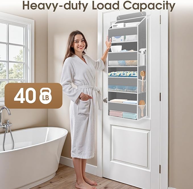 1 Pack Over The Door Organizer, Hanging Storage Organizer with Clear Window, 40lb Ultra Sturdy Large Capacity Room Organizer for Pantry Laundry Bathroom Nursery Closet Baby Essential (Grey)