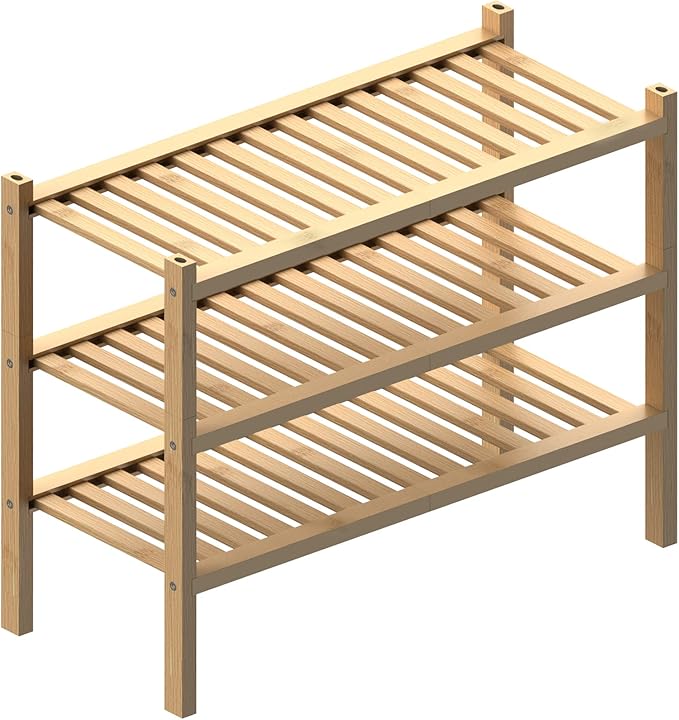 (Thick Bamboo Shoe Rack for Entryway, 3-Tier Free Standing Shoe Racks Stackable Shoe Rack Organizer for Hallway Closet Living Room 27 x12 x21 Inches