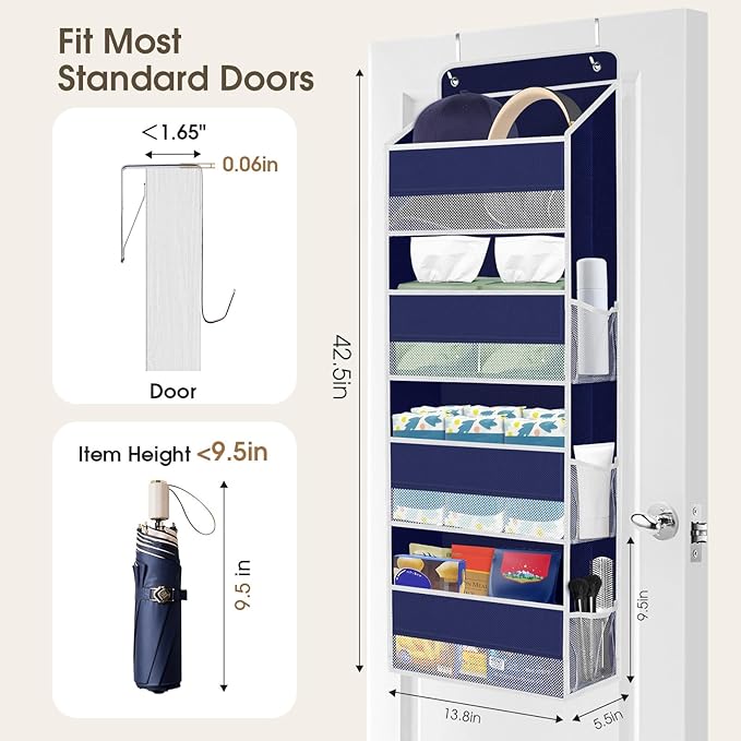 1 Pack Over The Door Organizer, Hanging Storage Organizer with Clear Window, 40lb Ultra Sturdy Large Capacity Room Organizer for Pantry Laundry Bathroom Nursery Closet (Blue)