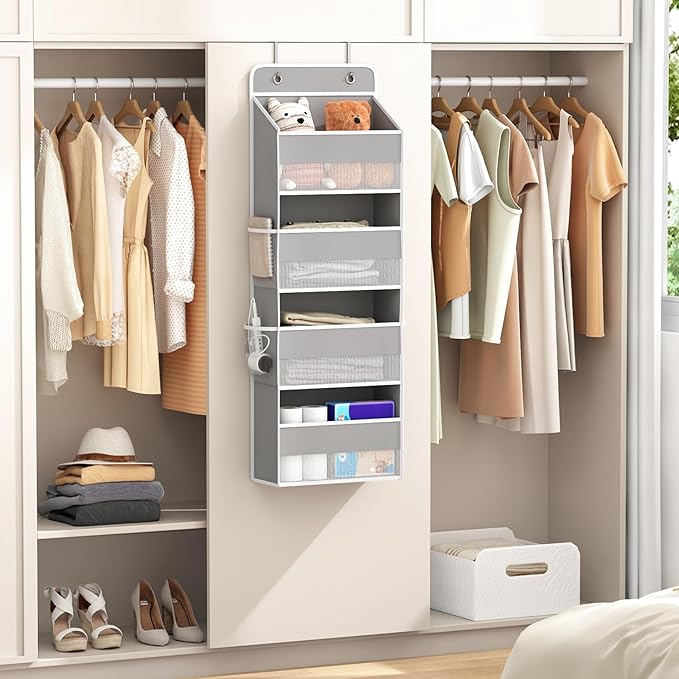 1 Pack 4-Tier Over the Door Organizer, Heavy-Duty Large Deep Pocket Hanging With 4 Large Front & 4 Side Pockets With for Pantry, Kitchen, Bathroom, Dorm, Grey
