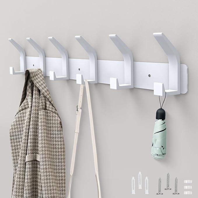 1 Pack Coat Rack Wall Mount,17.3 in Wall Hooks for Hanging, Coat Hanger Wall Mount Towel Rack Hat Rack for Wall with 6 Hooks for Entryway, Bedroom, Bathroom (White, 6 Hooks-1Pack)