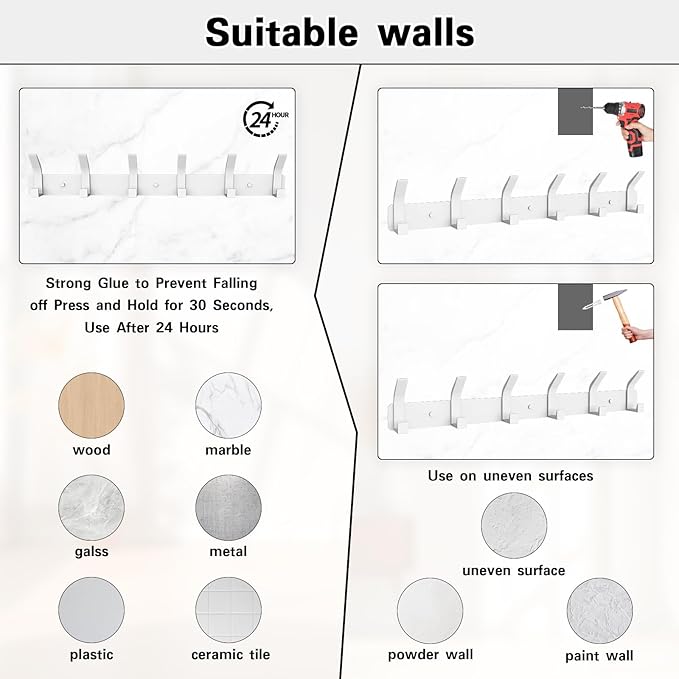 1 Pack Coat Rack Wall Mount,17.3 in Wall Hooks for Hanging, Coat Hanger Wall Mount Towel Rack Hat Rack for Wall with 6 Hooks for Entryway, Bedroom, Bathroom (White, 6 Hooks-1Pack)