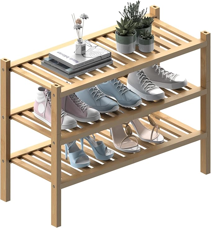 (Thick Bamboo Shoe Rack for Entryway, 3-Tier Free Standing Shoe Racks Stackable Shoe Rack Organizer for Hallway Closet Living Room 27 x12 x21 Inches
