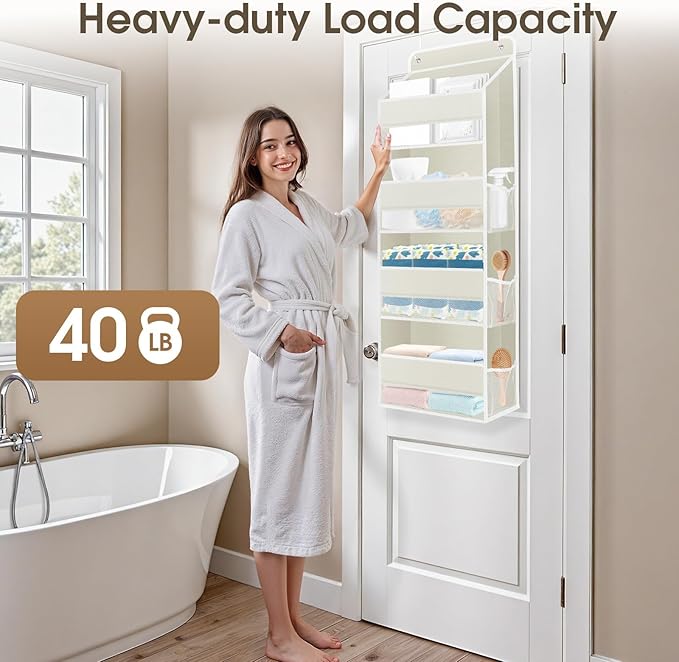 1 Pack Over The Door Organizer, Hanging Storage Organizer with Clear Window, 40lb Ultra Sturdy Large Capacity Room Organizer for Pantry Bathroom Nursery Closet Baby Essential (Beige)
