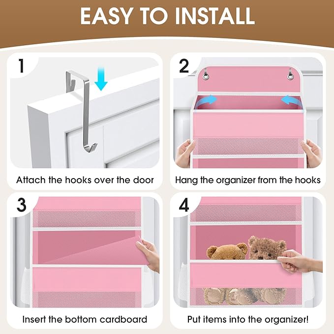 1 Pack Over The Door Organizer Hanging Storage Organizers with Clear Window 40lb Large Capacity Room Organizer for Pantry Laundry Bathroom Nursery Closet(Pink)