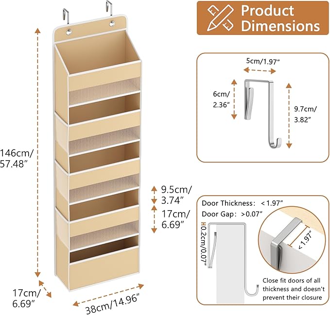 1 Pack 5-Tier Over the Door Organizer, Heavy-Duty Large Deep Pocket Hanging With 5 Large Front & 6 Side Pockets With for Pantry, Kitchen, Bathroom, Dorm, Beige