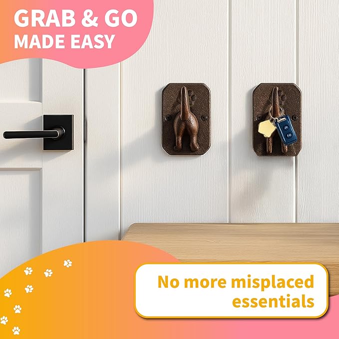 1 Pack Cast Iron Dog Leash Holder for Wall - Dog Butt Hooks Organizer - Heavy Duty Wall Hooks for Keys, Coat, Harness, Hat, Bag, Towel - Rustic Decorative Pet Leash Hook - Gift for Pet Lovers