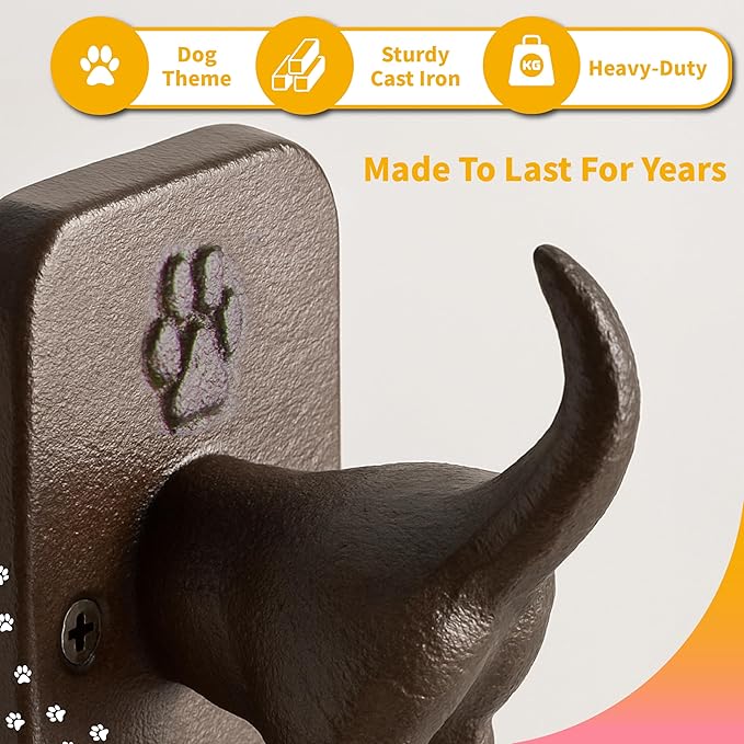 1 Pack Cast Iron Dog Leash Holder for Wall - Dog Butt Hooks Organizer - Heavy Duty Wall Hooks for Keys, Coat, Harness, Hat, Bag, Towel - Rustic Decorative Pet Leash Hook - Gift for Pet Lovers