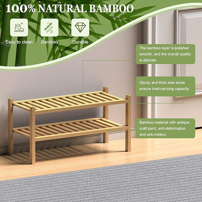 (Thick Bamboo Shoe Rack for Entryway, 2-Tier Free Standing Shoe Racks Stackable Shoe Rack Organizer for Hallway Closet Living Room 27 x12 x14 Inches